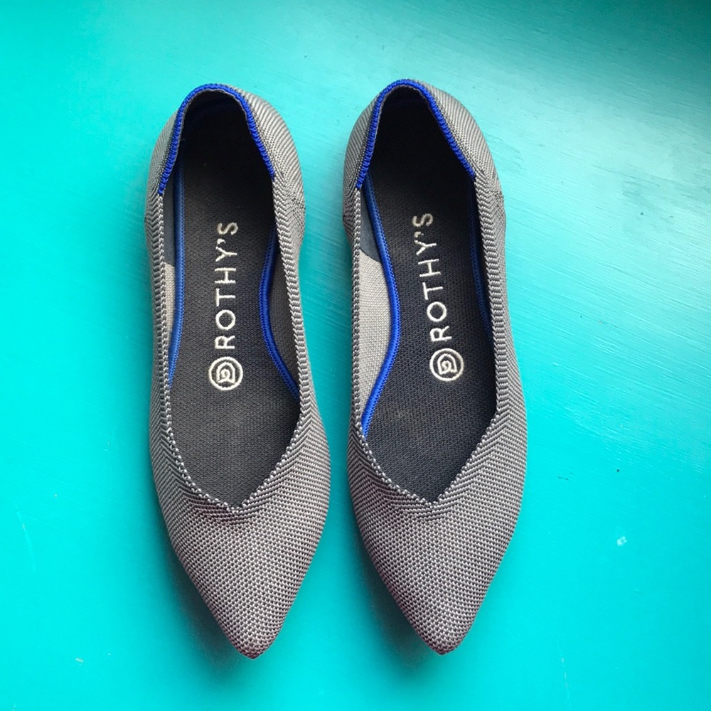 Rothy's Gray Pointed-Toe Flats with Blue Trim